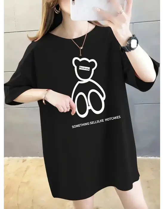 SBRD- Kadın Tişört Penye Compack Baskılı Oversize Bisiklet Yaka T-shirt - Siyah