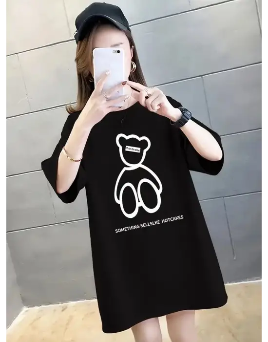 SBRD- Kadın Tişört Penye Compack Baskılı Oversize Bisiklet Yaka T-shirt - Siyah