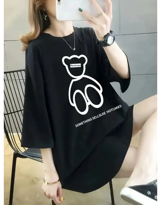 SBRD- Kadın Tişört Penye Compack Baskılı Oversize Bisiklet Yaka T-shirt - Siyah