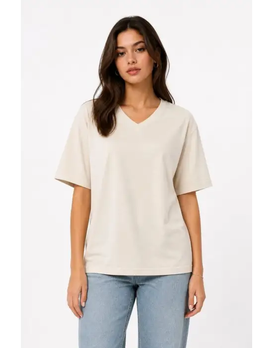 SBRD- Kadın V Yaka Basic Tişört Kısa Kol Yazlık Regular Fit T-shirt - Bej