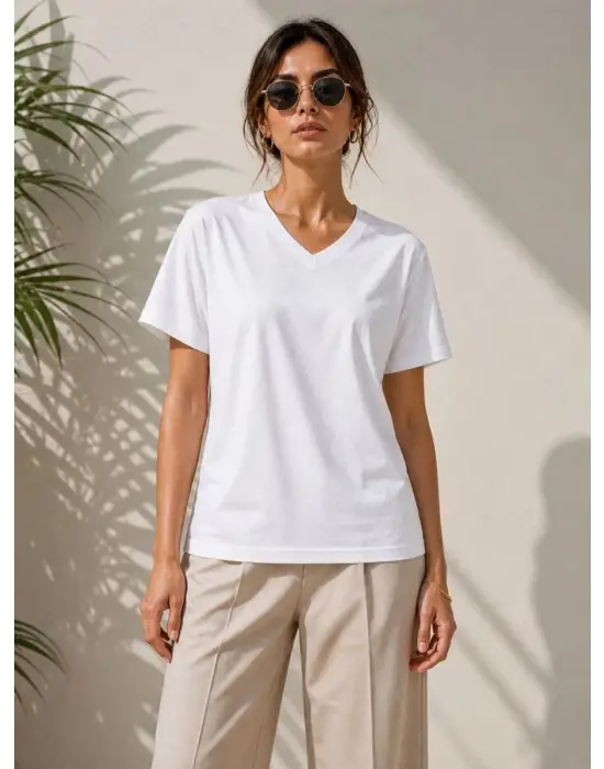 SBRD- Kadın V Yaka Basic Tişört Kısa Kol Yazlık Regular Fit T-shirt - Beyaz