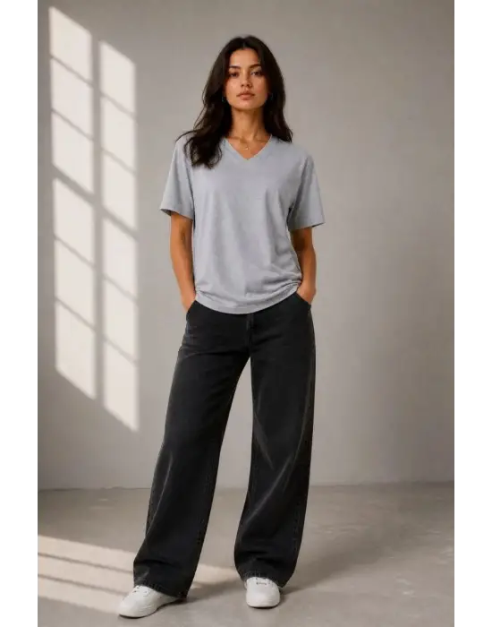 SBRD- Kadın V Yaka Basic Tişört Kısa Kol Yazlık Regular Fit T-shirt - Gri