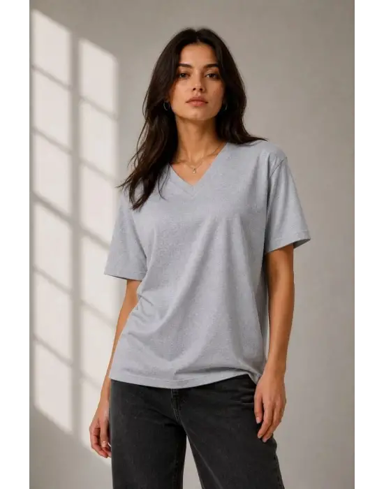 SBRD- Kadın V Yaka Basic Tişört Kısa Kol Yazlık Regular Fit T-shirt - Gri