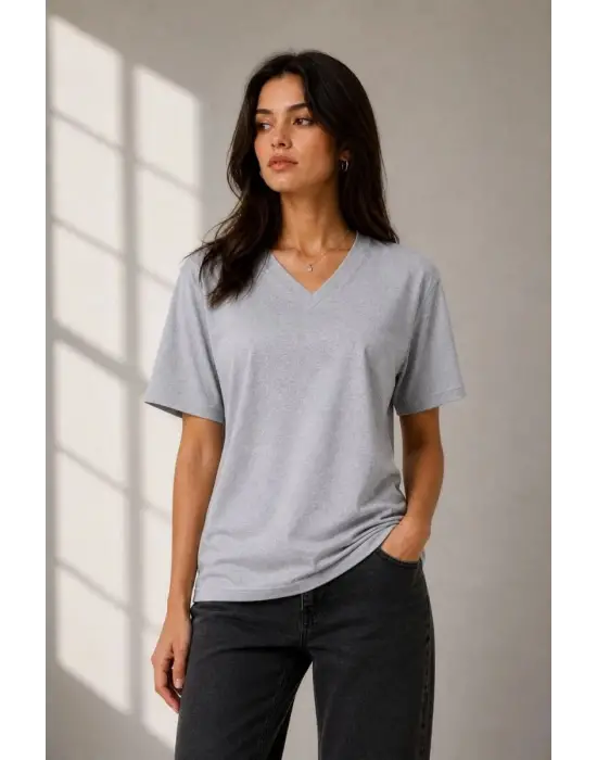 SBRD- Kadın V Yaka Basic Tişört Kısa Kol Yazlık Regular Fit T-shirt - Gri