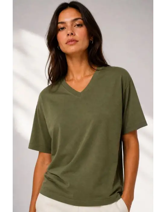 SBRD- Kadın V Yaka Basic Tişört Kısa Kol Yazlık Regular Fit T-shirt - Haki