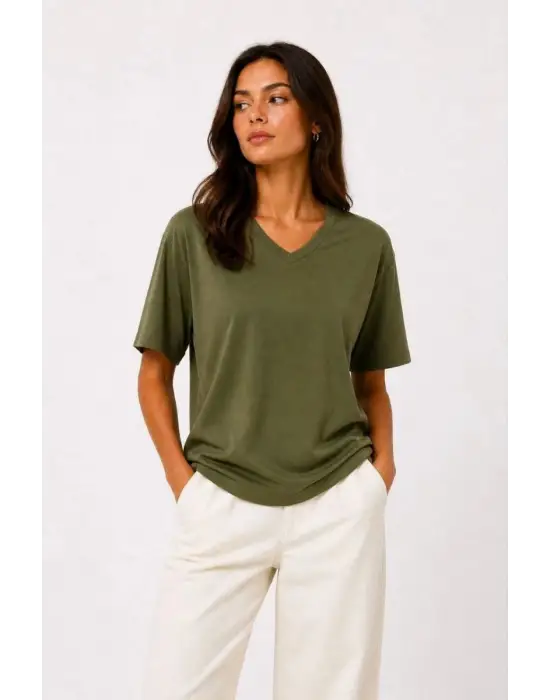 SBRD- Kadın V Yaka Basic Tişört Kısa Kol Yazlık Regular Fit T-shirt - Haki