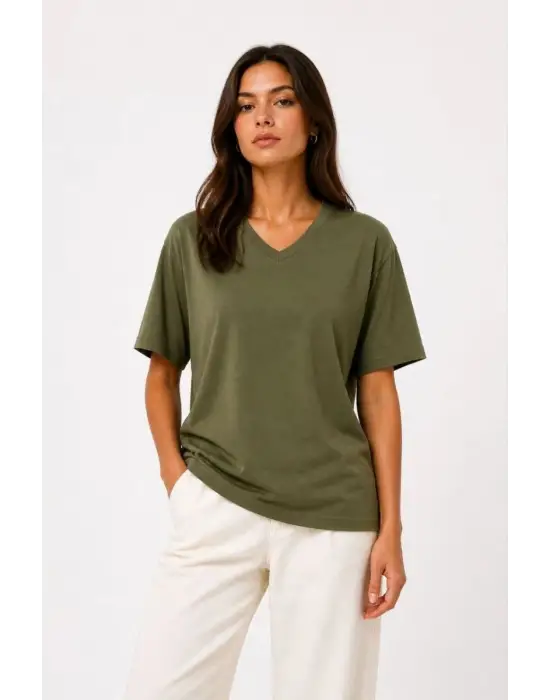 SBRD- Kadın V Yaka Basic Tişört Kısa Kol Yazlık Regular Fit T-shirt - Haki