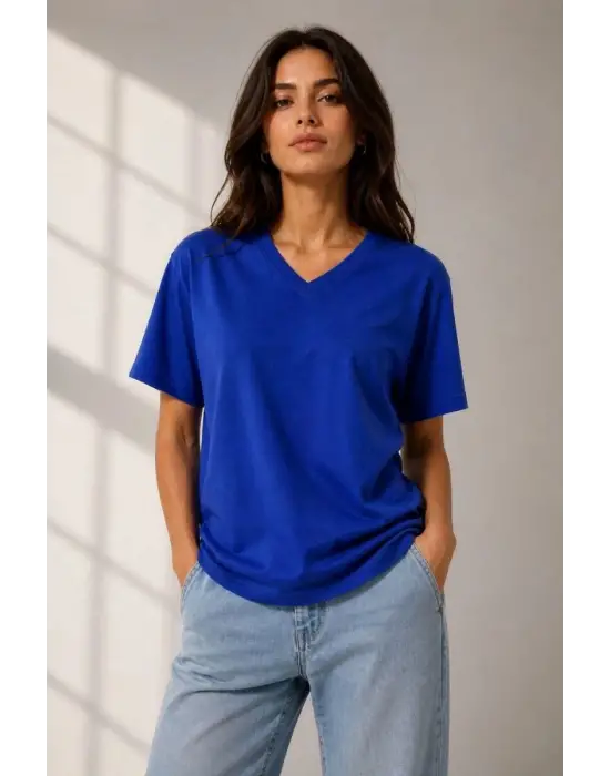 SBRD- Kadın V Yaka Basic Tişört Kısa Kol Yazlık Regular Fit T-shirt - Saks Mavisi