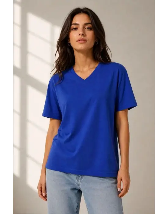 SBRD- Kadın V Yaka Basic Tişört Kısa Kol Yazlık Regular Fit T-shirt - Saks Mavisi