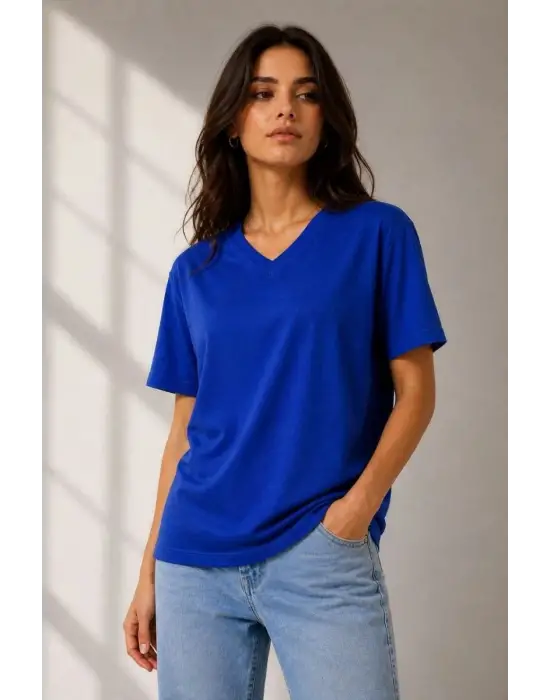 SBRD- Kadın V Yaka Basic Tişört Kısa Kol Yazlık Regular Fit T-shirt - Saks Mavisi
