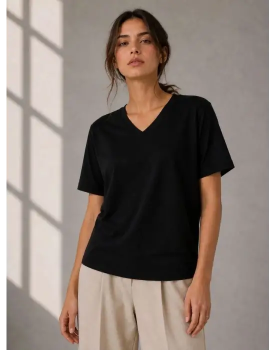 SBRD- Kadın V Yaka Basic Tişört Kısa Kol Yazlık Regular Fit T-shirt - Siyah