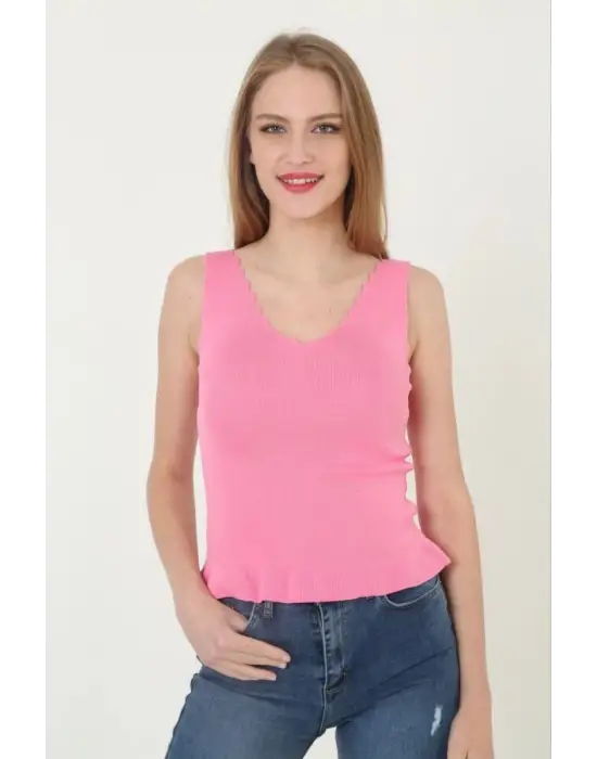 SBRD- Kadın V Yaka Fırfır Detay Crop - Pembe