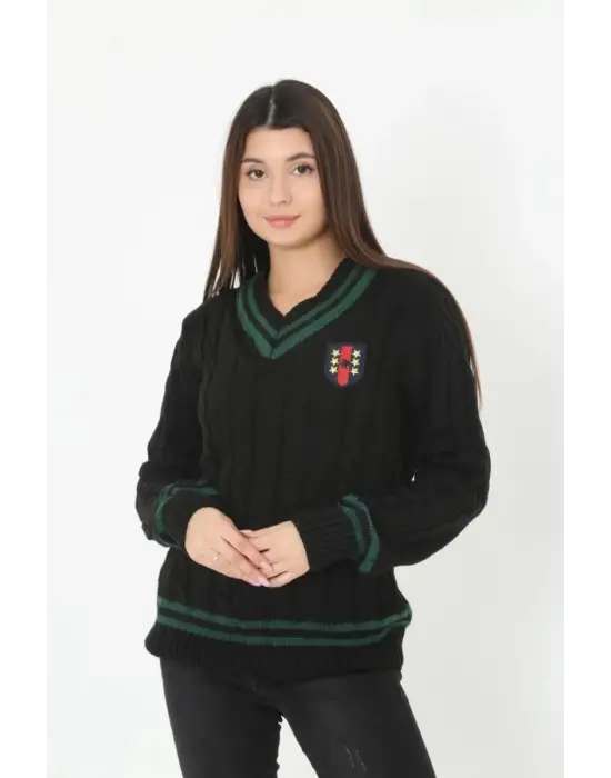 SBRD- Kadın V Yaka Örgülü Kazak - Siyah