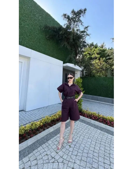 SBRD- Kadın Yakalı Gömlek Kemerli Şortlu Alt-üst Takım - Bordo