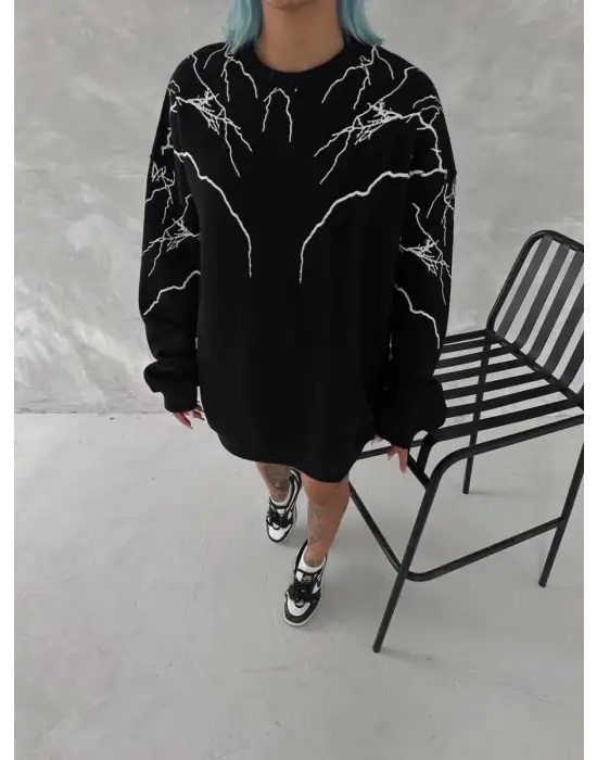 SBRD- Kadın Yıldırım Baskılı Bisiklet Yaka 3 İplik Pamuklu Sweatshirt - Siyah