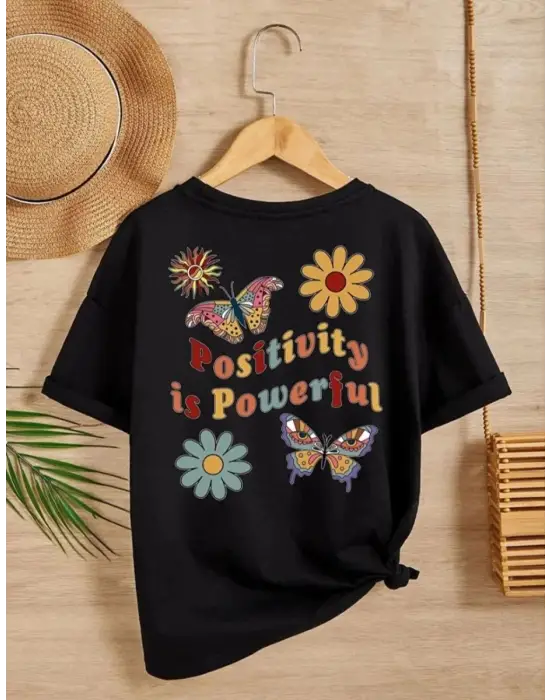 SBRD- Kız Çocuk Bisiklet Yaka Baskılı T-shirt - Siyah