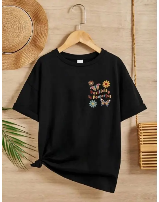 SBRD- Kız Çocuk Bisiklet Yaka Baskılı T-shirt - Siyah