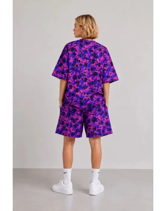 SBRD- Kız Çocuk Oversize Kalıp Pubg Bape X Shark Nakışlı Cepli Şort Takım - Mor