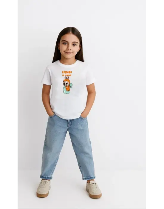 SBRD- Kız Labubu Çocuk Baskılı T-shirt - Beyaz