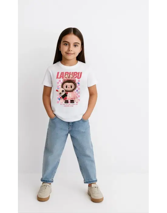 SBRD- Kız Labubu Çocuk Baskılı T-shirt - Beyaz