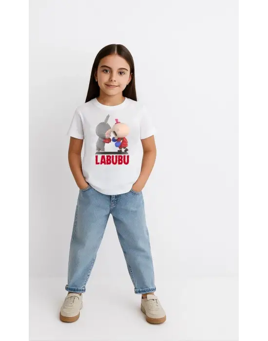 SBRD- Kız Labubu Çocuk Baskılı T-shirt - Beyaz