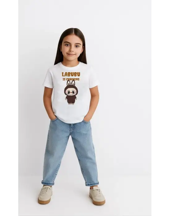 SBRD- Kız Labubu Çocuk Baskılı T-shirt - Beyaz