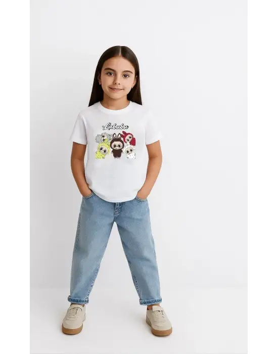 SBRD- Kız Labubu Çocuk Baskılı T-shirt - Beyaz