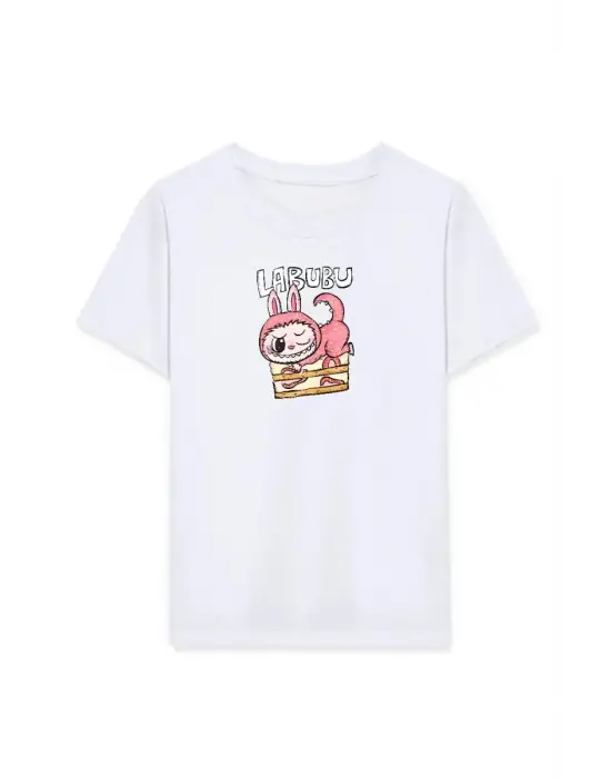 SBRD- Kız Labubu Çocuk Baskılı T-shirt - Beyaz