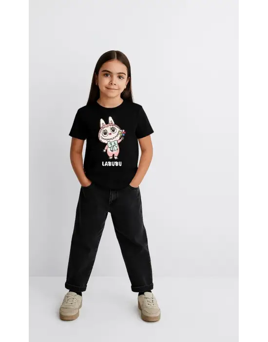 SBRD- Kız Labubu Çocuk Baskılı T-shirt - Siyah