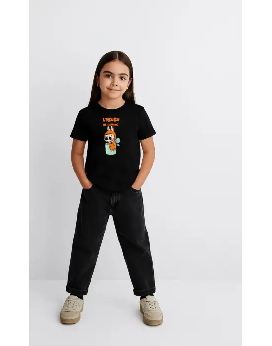 SBRD- Kız Labubu Çocuk Baskılı T-shirt - Siyah