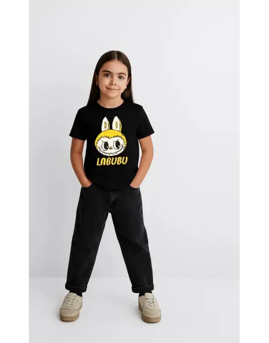 SBRD- Kız Labubu Çocuk Baskılı T-shirt - Siyah