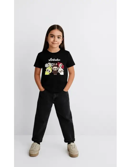 SBRD- Kız Labubu Çocuk Baskılı T-shirt - Siyah