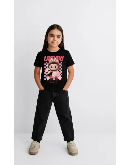 SBRD- Kız Labubu Çocuk Baskılı T-shirt - Siyah
