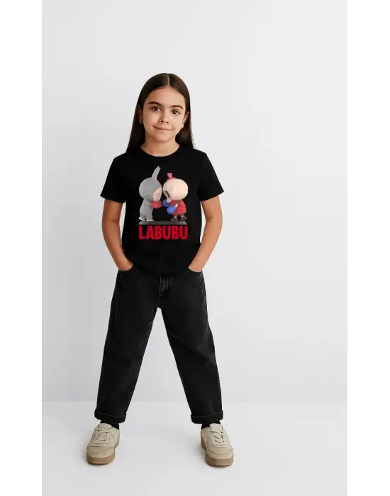 SBRD- Kız Labubu Çocuk Baskılı T-shirt - Siyah