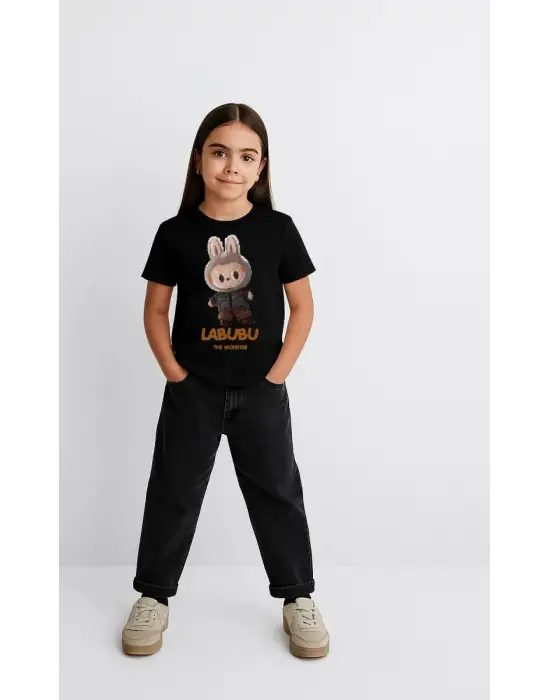 SBRD- Kız Labubu Çocuk Baskılı T-shirt - Siyah