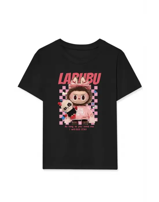 SBRD- Kız Labubu Çocuk Baskılı T-shirt - Siyah