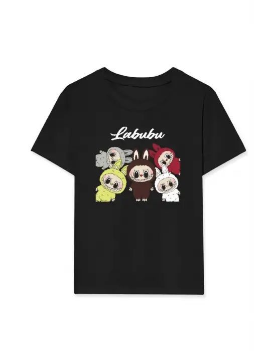 SBRD- Kız Labubu Çocuk Baskılı T-shirt - Siyah