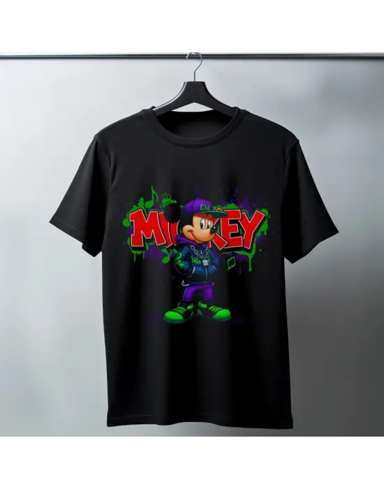 SBRD- Mickey Mouse Graffiti Baskılı Unisex Siyah Oversize Tişört - 24/1 Penye