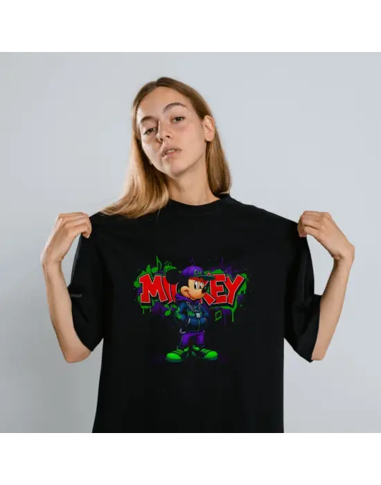 SBRD- Mickey Mouse Graffiti Baskılı Unisex Siyah Oversize Tişört - 24/1 Penye