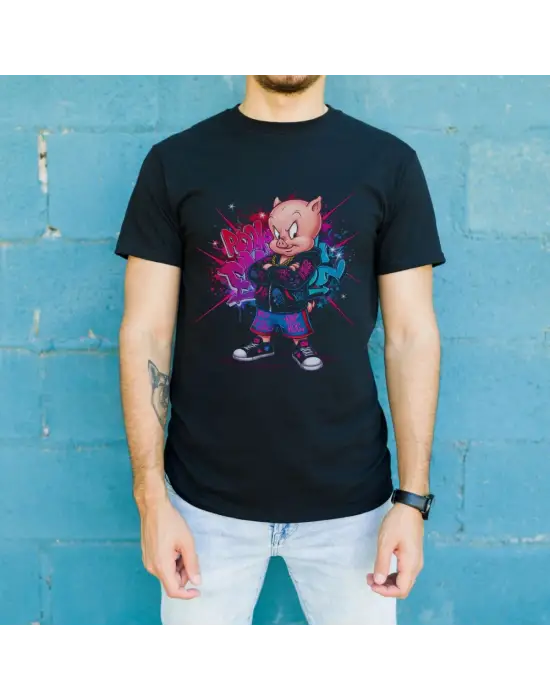 SBRD- Porky Pig Graffiti Baskılı Unisex Siyah Oversize Tişört - 24/1 Penye