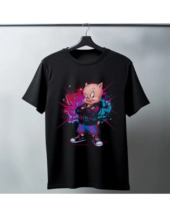 SBRD- Porky Pig Graffiti Baskılı Unisex Siyah Oversize Tişört - 24/1 Penye