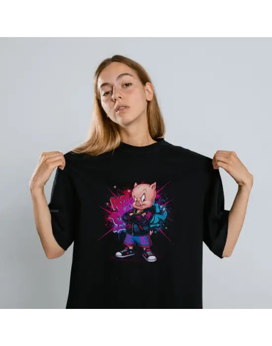 SBRD- Porky Pig Graffiti Baskılı Unisex Siyah Oversize Tişört - 24/1 Penye