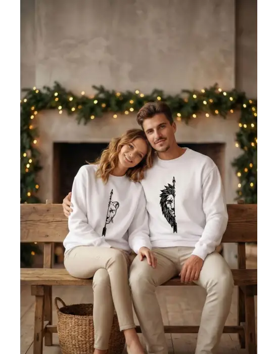 SBRD- Sevgililer Günü Özel Bisiklet Yaka Aslan Baskılı Oversize Sweatshirt - Beyaz