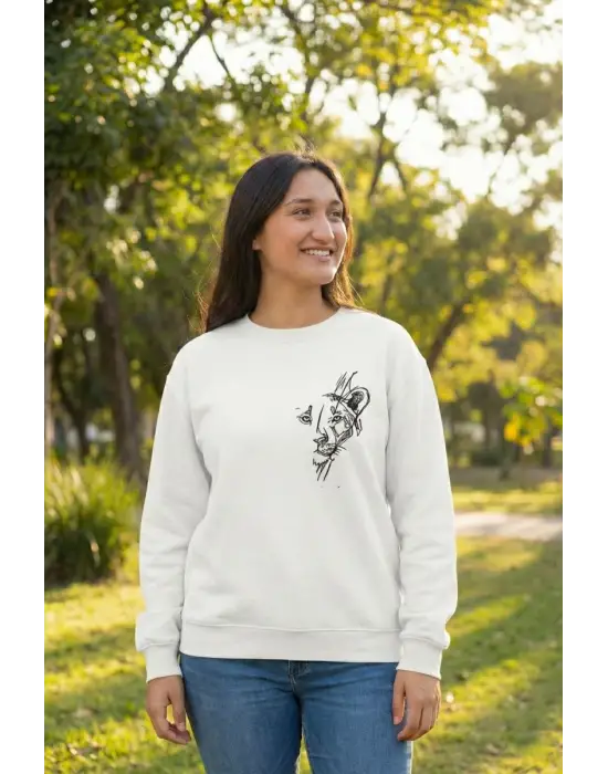 SBRD- Sevgililer Günü Özel Bisiklet Yaka Baskılı Oversize Sweatshirt - Beyaz