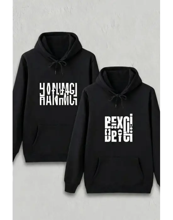 SBRD- Sevgililer Günü Özel Kapüşonlu Beyci Baskılı Oversize Sweatshirt - Siyah