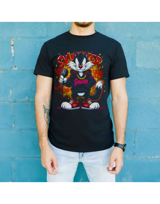 SBRD- Sylvester Graffiti Baskılı Unisex Siyah Oversize Tişört - 24/1 Penye