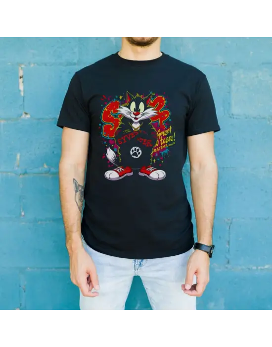 SBRD- Sylvester Graffiti Baskılı Unisex Siyah Oversize Tişört - 24/1 Penye