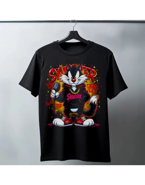 SBRD- Sylvester Graffiti Baskılı Unisex Siyah Oversize Tişört - 24/1 Penye