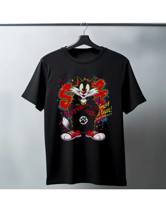 SBRD- Sylvester Graffiti Baskılı Unisex Siyah Oversize Tişört - 24/1 Penye