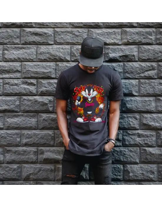 SBRD- Sylvester Graffiti Baskılı Unisex Siyah Oversize Tişört - 24/1 Penye